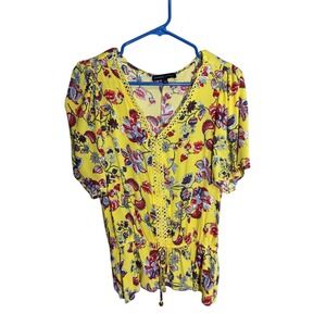 Adrienne Vittadini Yellow Floral‎ Blouse Top Drawstring Waist Short Sleeve